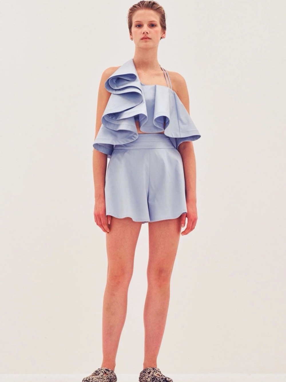 Palmer Harding light blue Serenity cropped big ruffle twill summer top